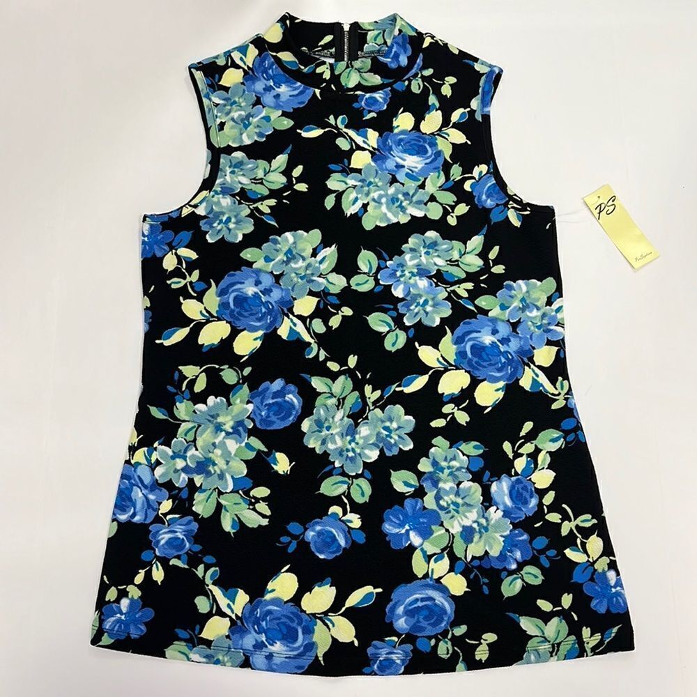 PerSeption Concept Black Blue Floral Mock Neck Sleeveless Blouse Size Medium